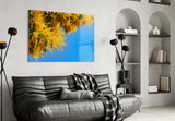 Cobalt-and-yellow bloom cinematic glass wall art in heritage living room