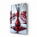 Red bishop chess corridor cinematic glass wall art over walnut console in designer corporate boardroom