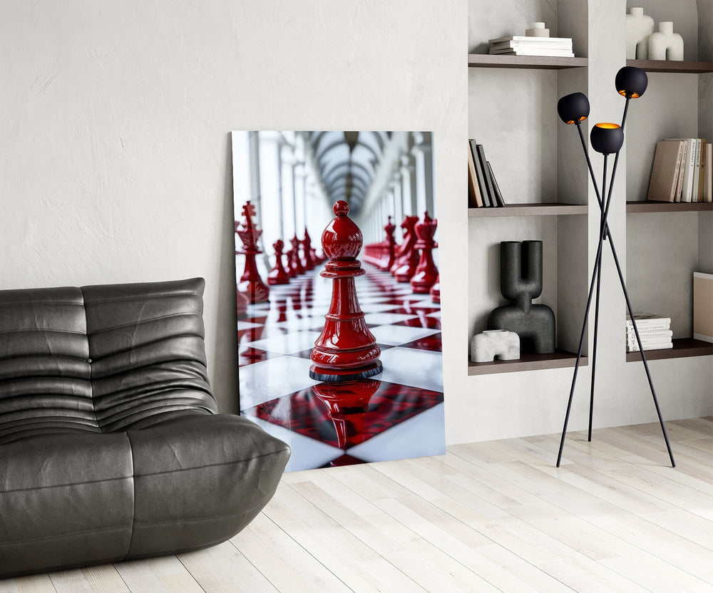 Chess strategy cinematic glass wall art over modern dining sideboard