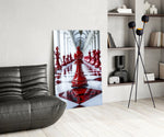 Chess strategy cinematic glass wall art over modern dining sideboard