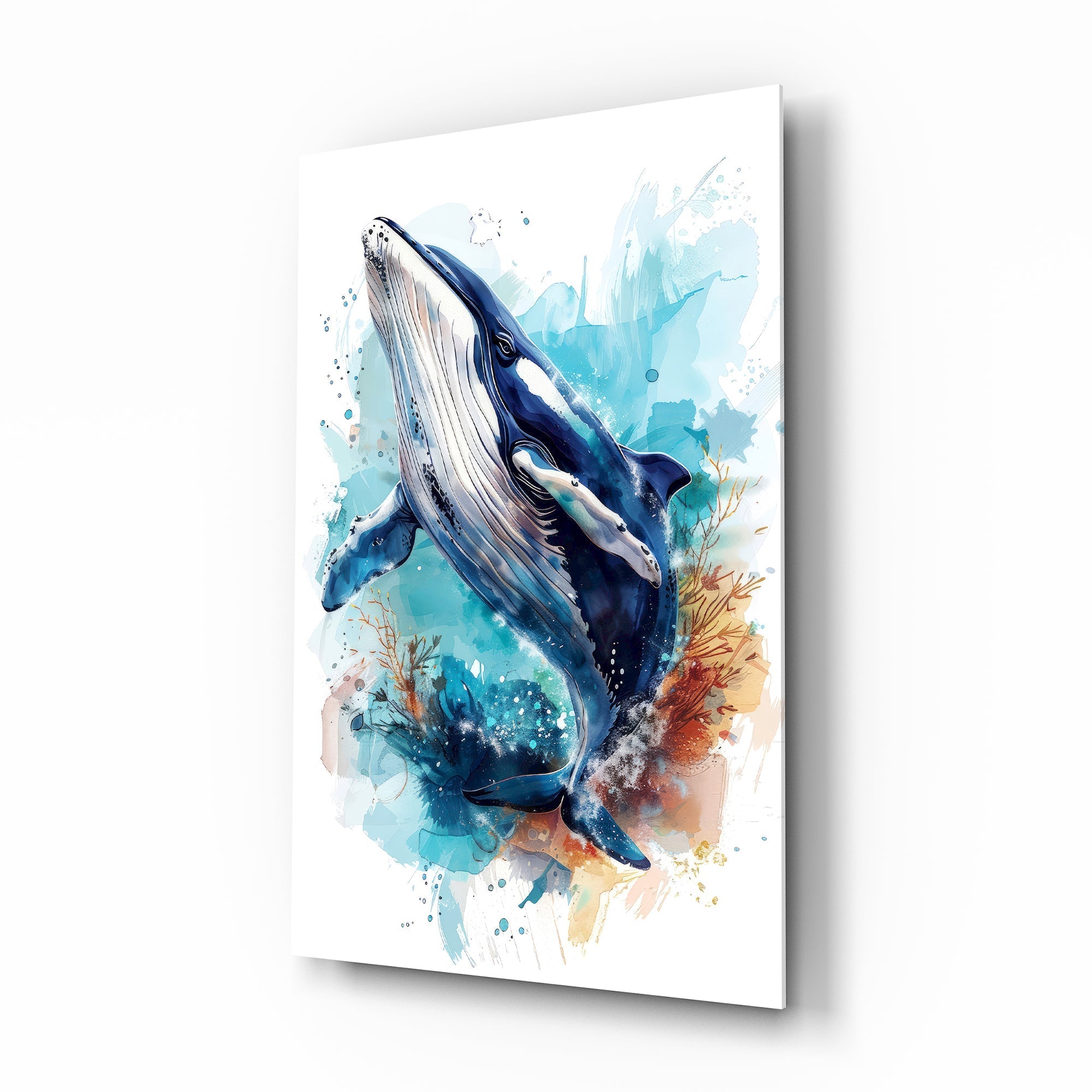 Watercolor humpback whale cinematic glass wall art over walnut console in designer child's adventure bedroom