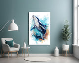 Cobalt-and-coral wash cinematic glass wall art in creative studio