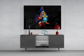 Marine-wildlife cinematic glass wall art in light-filled atelier