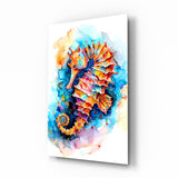 Watercolor seahorse cinematic glass wall art over walnut console in designer feminine-luxe boudoir