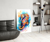 Tangerine-and-cobalt seahorse cinematic glass wall art over modern dining sideboard