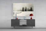 Pewter-pine forest cinematic glass wall art in light-filled atelier