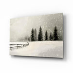 Black white winter forest snow cinematic glass wall art over walnut console in designer mountain cabin