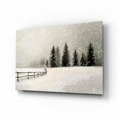 Black white winter forest snow cinematic glass wall art over walnut console in designer mountain cabin