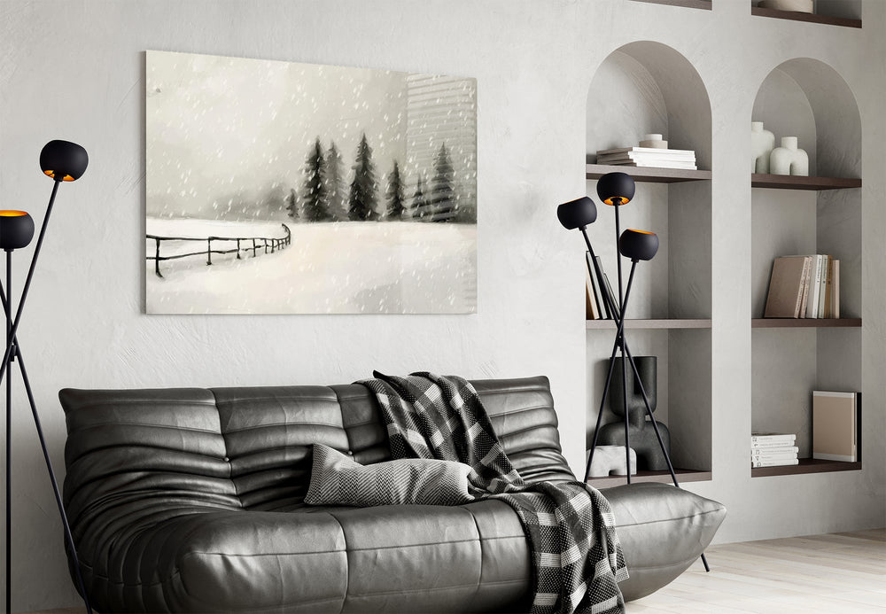 Winter forest cinematic glass wall art in coffeeshop boutique