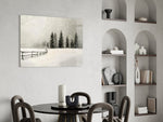 Split-rail fence cinematic glass wall art over modern dining sideboard