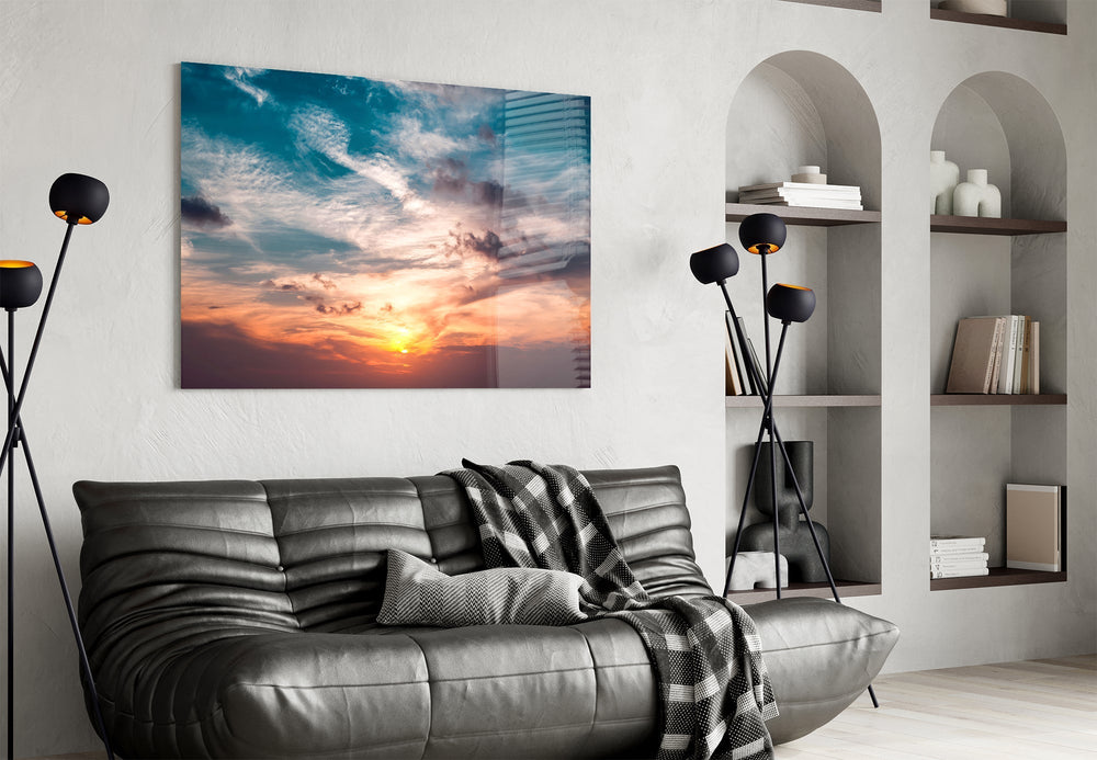 Cloudscape sunset cinematic glass wall art in feminine-luxe boudoir