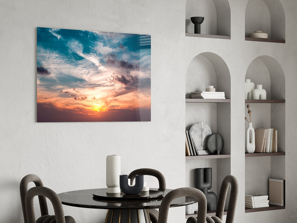 Painterly clouds cinematic glass wall art over modern dining sideboard