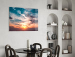 Painterly clouds cinematic glass wall art over modern dining sideboard