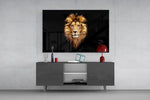 Wildlife oil cinematic glass wall art in boutique-hotel lounge
