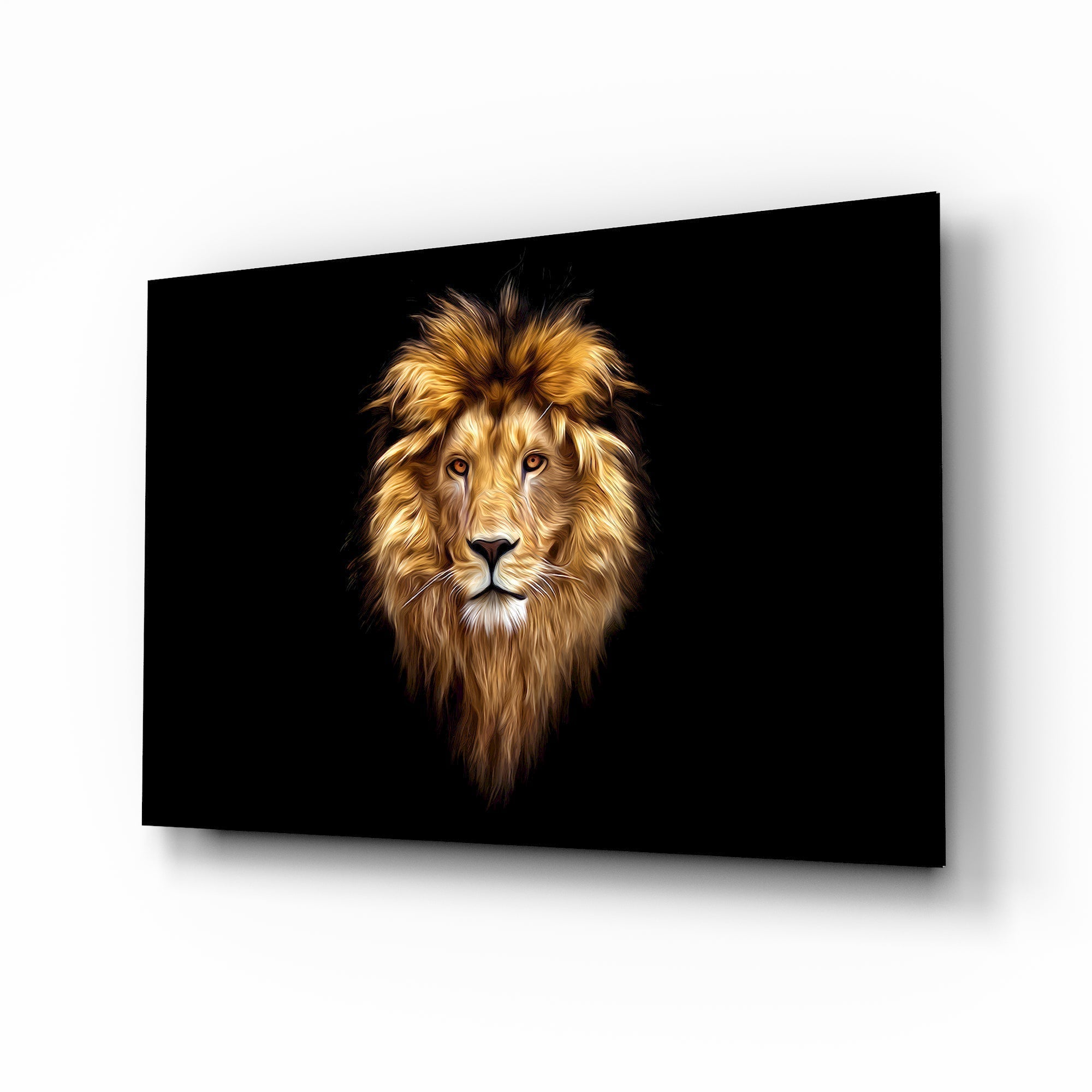 Golden mane lion oil cinematic glass wall art over walnut console in designer office