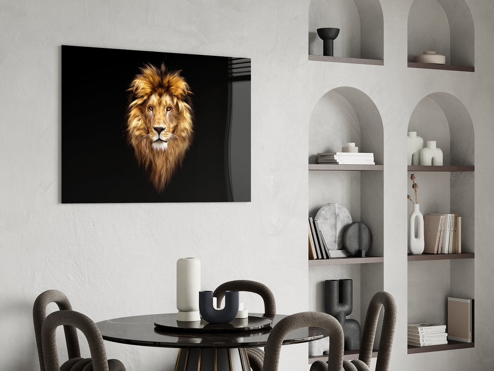 Painterly wildlife cinematic glass wall art over modern dining sideboard