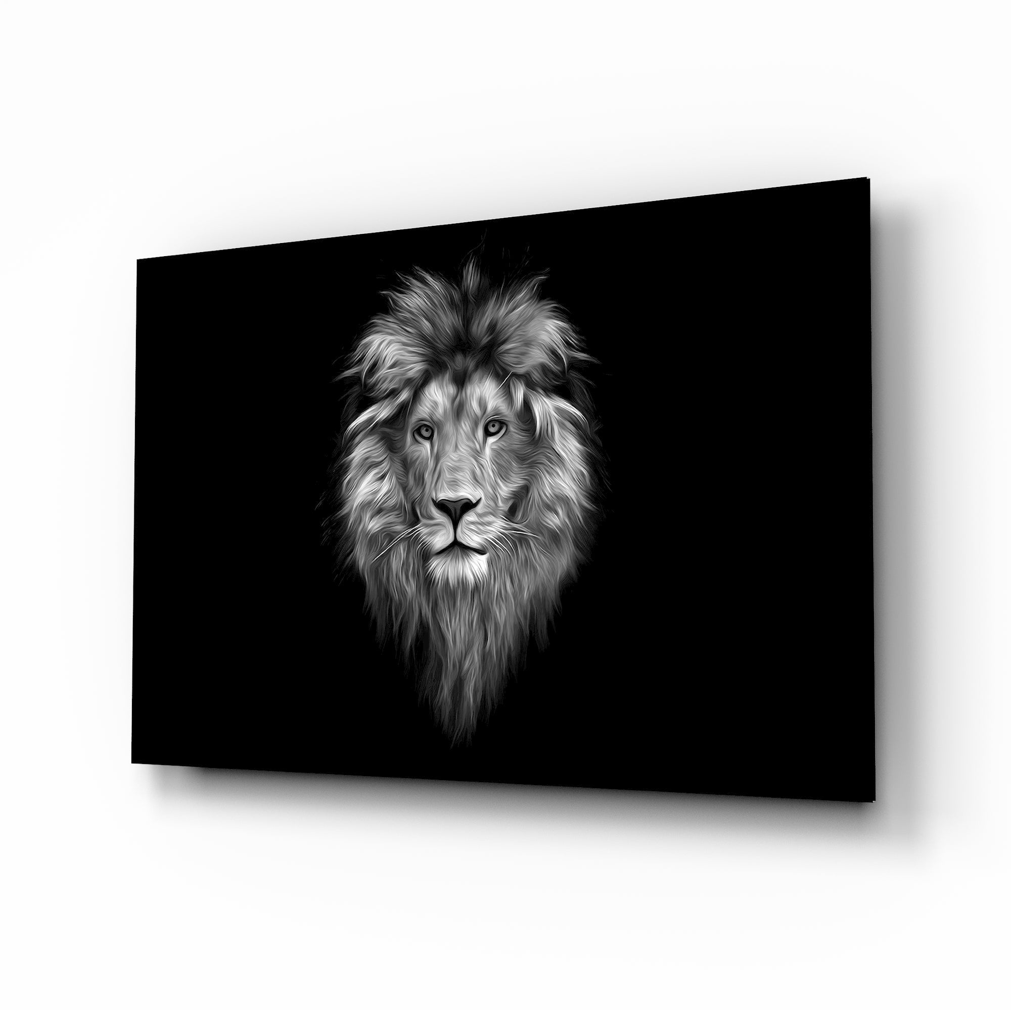 Black white painterly mane lion cinematic glass wall art over walnut console in designer office