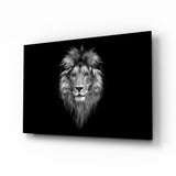 Black white painterly mane lion cinematic glass wall art over walnut console in designer office