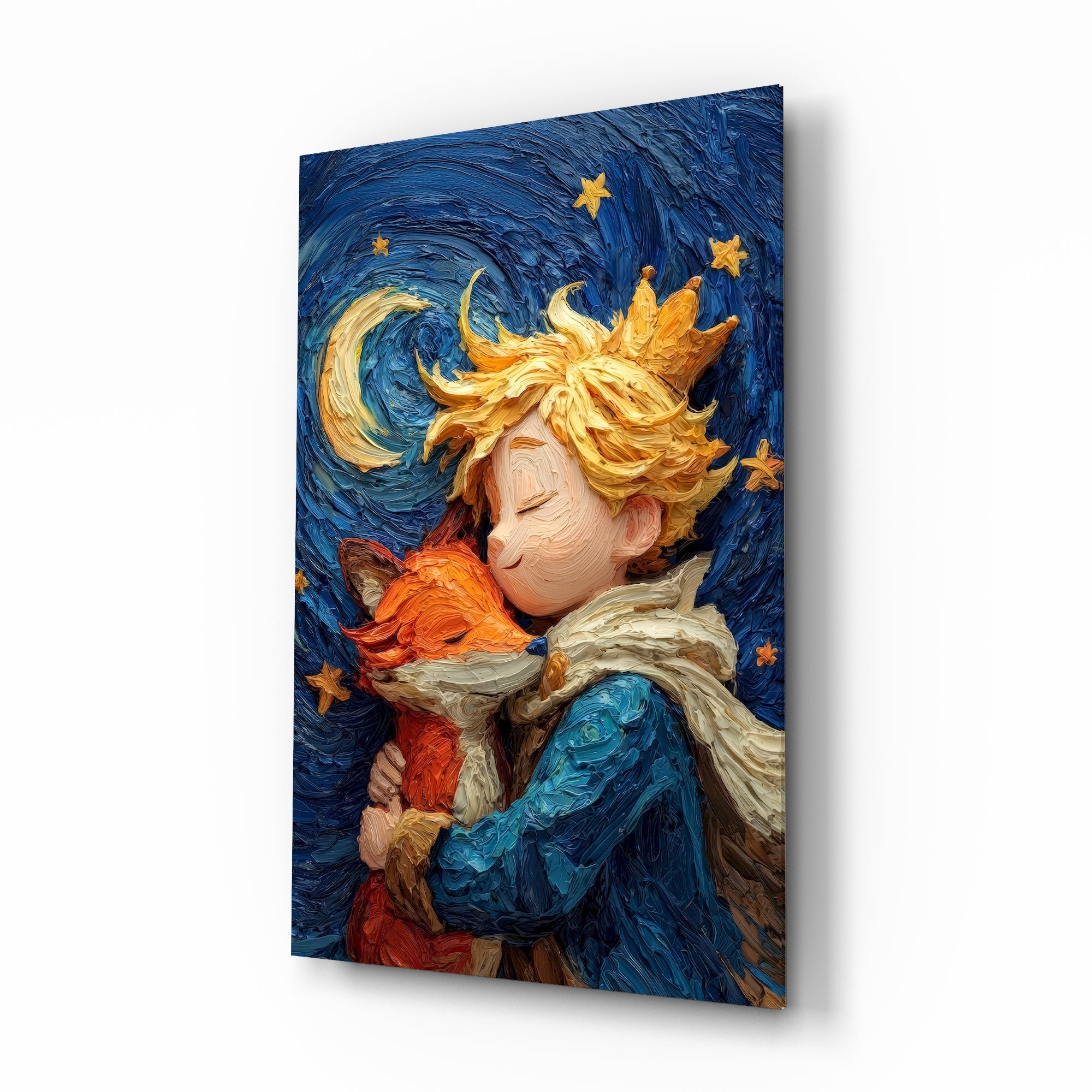 Little Prince fox Van Gogh cinematic glass wall art over walnut console in designer child's bedroom
