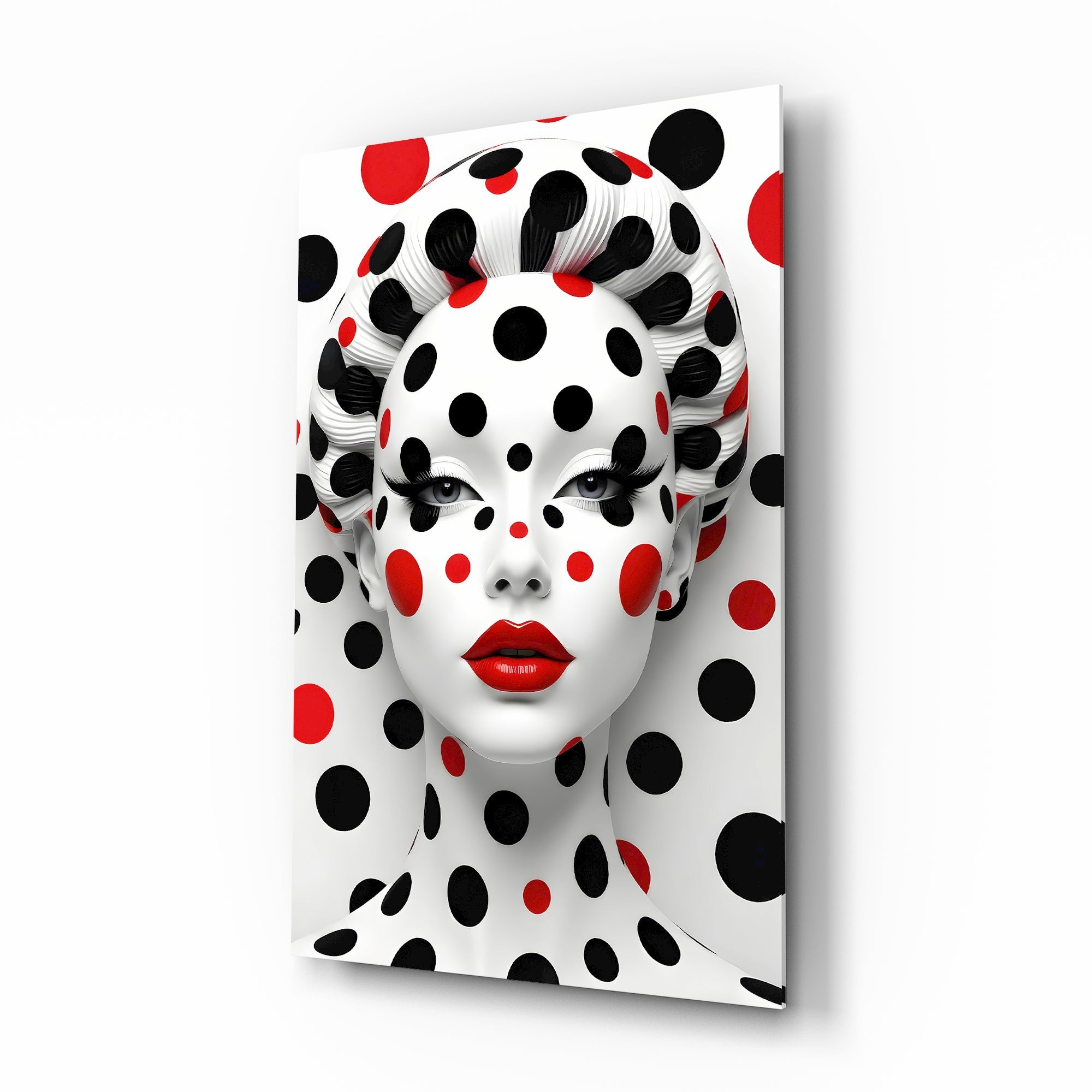 Polka dot Kusama muse cinematic glass wall art over walnut console in designer fashion atelier