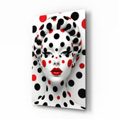 Polka dot Kusama muse cinematic glass wall art over walnut console in designer fashion atelier