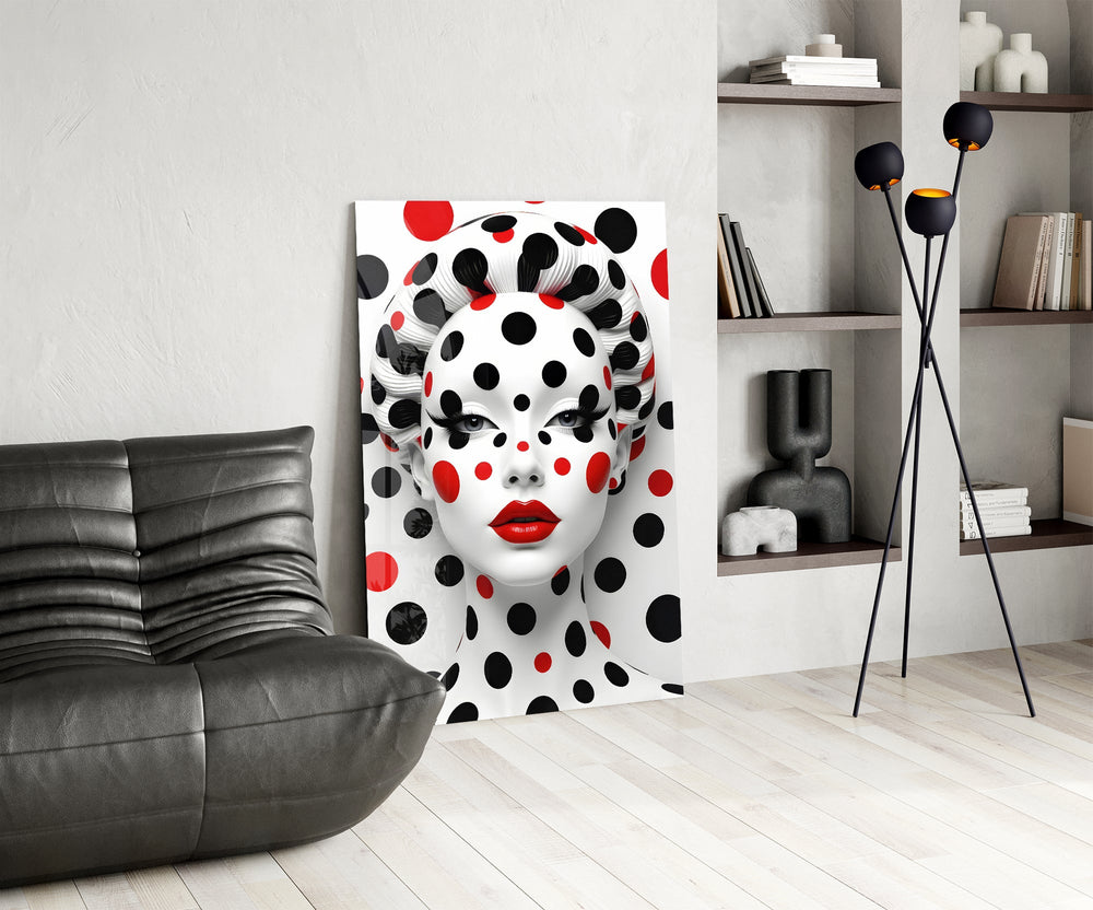 Red-and-black dots cinematic glass wall art over modern dining sideboard