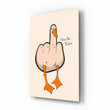 Duck You middle finger cinematic glass wall art over walnut console in designer cigar lounge