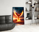 Scarlet flame phoenix cinematic glass wall art over modern dining sideboard