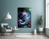 Bioluminescent reef cinematic glass wall art in wellness clinic reception