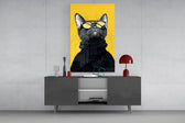 Anthropomorphic portrait cinematic glass wall art in light-filled atelier