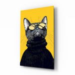 Yellow shades black cat cinematic glass wall art over walnut console in designer fashion atelier
