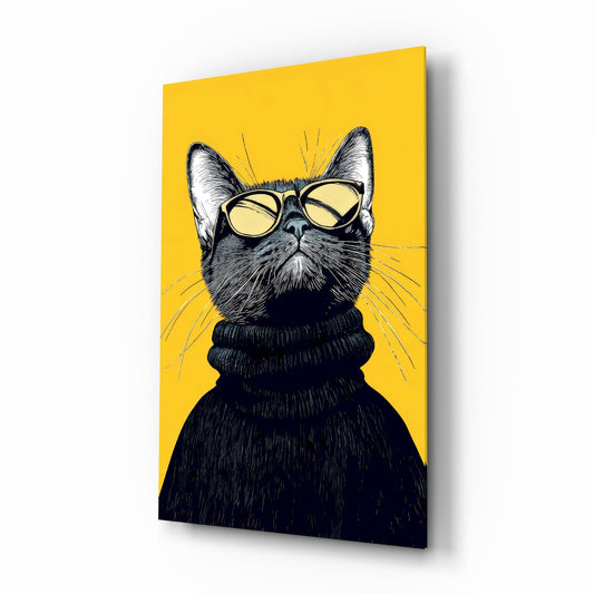 Yellow shades black cat cinematic glass wall art over walnut console in designer fashion atelier