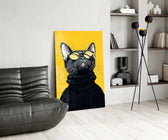 Saffron-shades cat cinematic glass wall art over modern dining sideboard