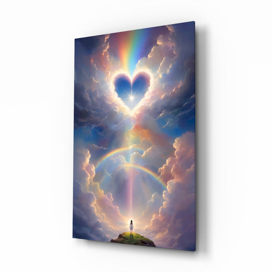Divine heart rainbow sky cinematic glass wall art over walnut console in designer wellness clinic