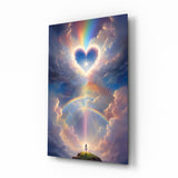 Divine heart rainbow sky cinematic glass wall art over walnut console in designer wellness clinic