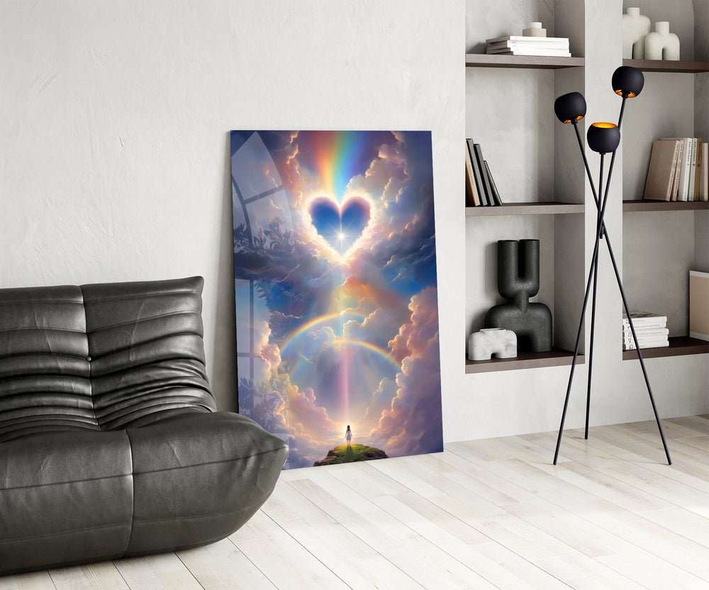 Cosmic heart sky cinematic glass wall art over modern dining sideboard