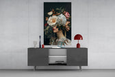 Old-Master femininity cinematic glass wall art in light-filled atelier