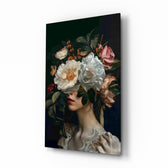 Blooming floral headdress muse cinematic glass wall art over walnut console in designer fashion atelier
