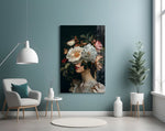 Floral headdress cinematic glass wall art in heritage living room