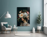 Floral headdress cinematic glass wall art in heritage living room