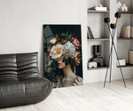 Cream-and-blush peony cinematic glass wall art over modern dining sideboard