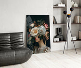 Cream-and-blush peony cinematic glass wall art over modern dining sideboard