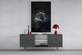 Digital fantasy cinematic glass wall art in light-filled atelier