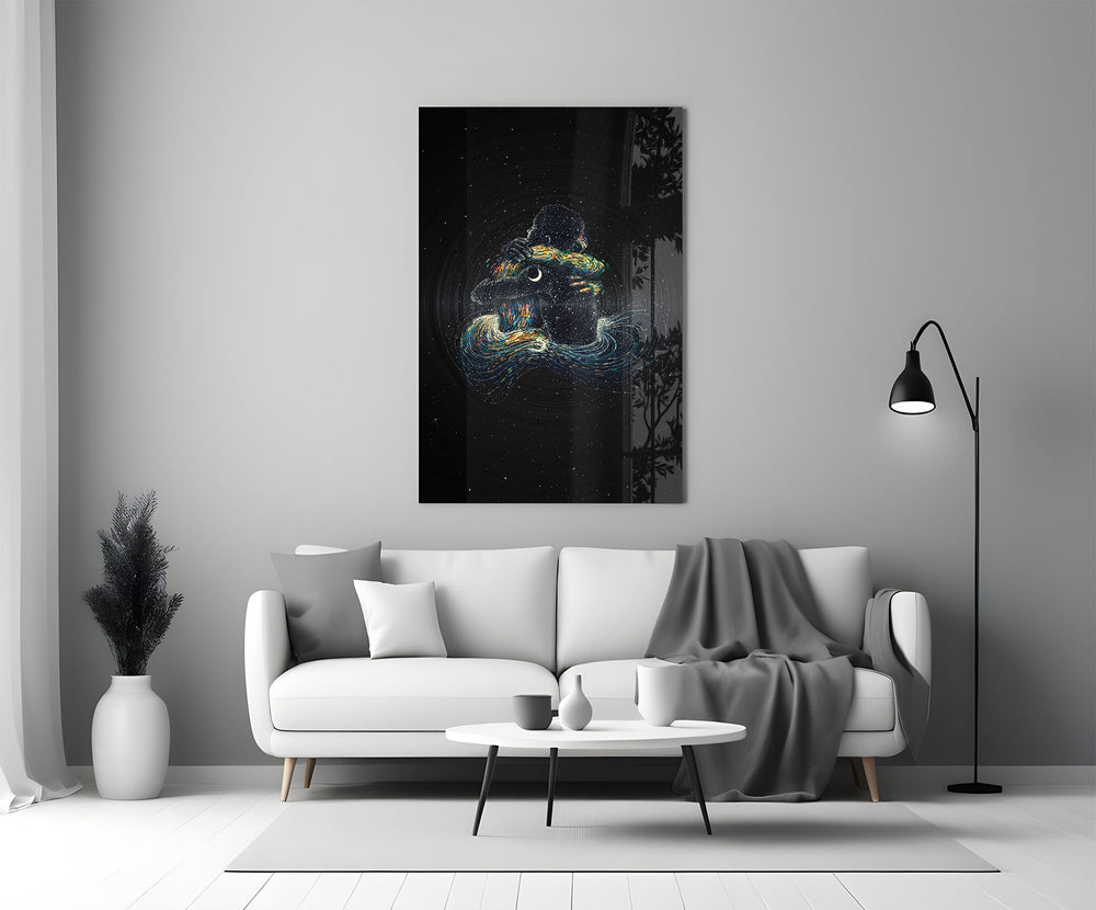 Cosmic romance cinematic glass wall art in heritage stairwell