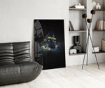 Crescent-moon couple cinematic glass wall art over modern dining sideboard