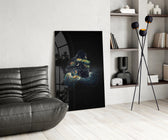 Crescent-moon couple cinematic glass wall art over modern dining sideboard