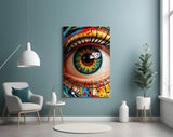 Hyper-real eye cinematic glass wall art in teen alt-art bedroom