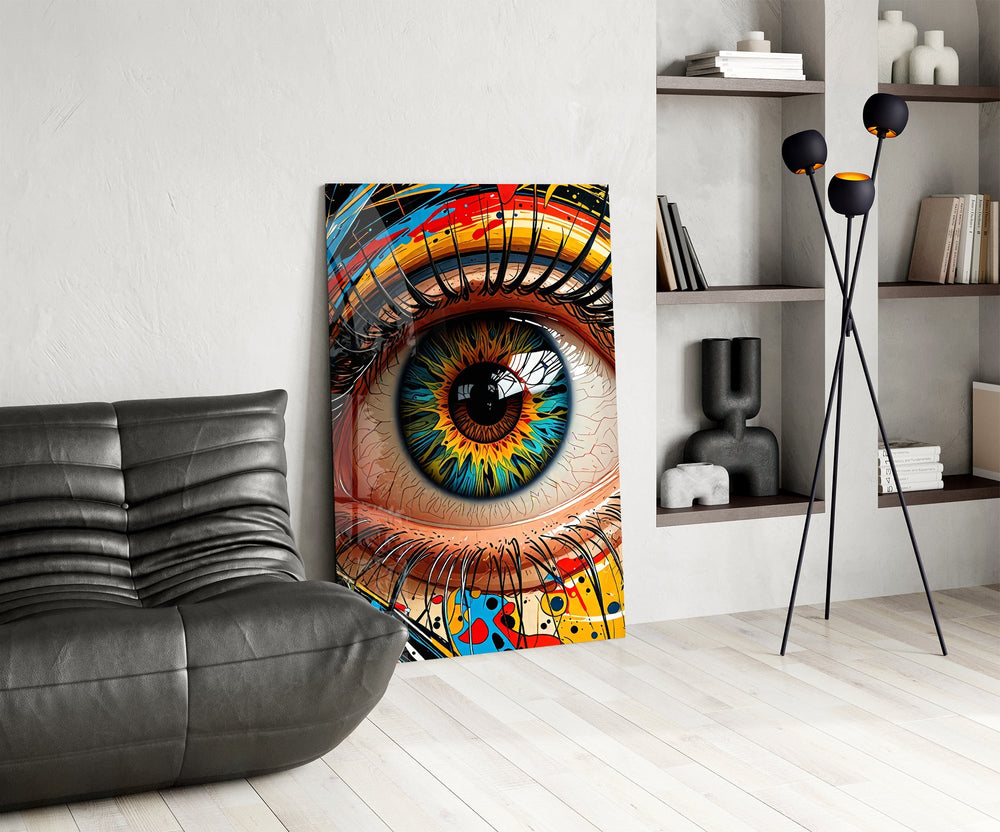 Pop-graffiti eye cinematic glass wall art over modern bar console