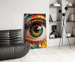 Pop-graffiti eye cinematic glass wall art over modern bar console