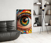 Pop-graffiti eye cinematic glass wall art over modern bar console